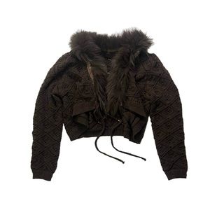 ROMWE Brown Knit Crop Top with Faux Fur Trim